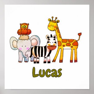 Póster Animales de safari de dibujos animados lindos nomb