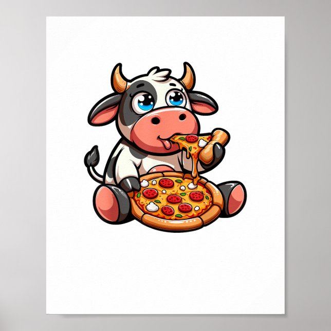 Póster Animales de vaca comiendo pizza marigherita comida (Frente)