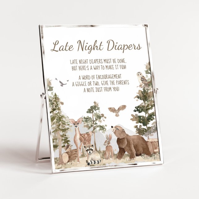 Póster Animales de Woodland de aventura (Woodland Animals Adventure Awaits Baby Shower Late Night Diapers Sign)