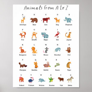 Póster Animales del aprendizaje escolar de A a Z