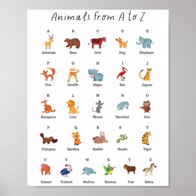 Póster Animales del aprendizaje escolar de A a Z (Frente)