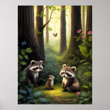 Animales del bosque arbolado Familia de mapaches A