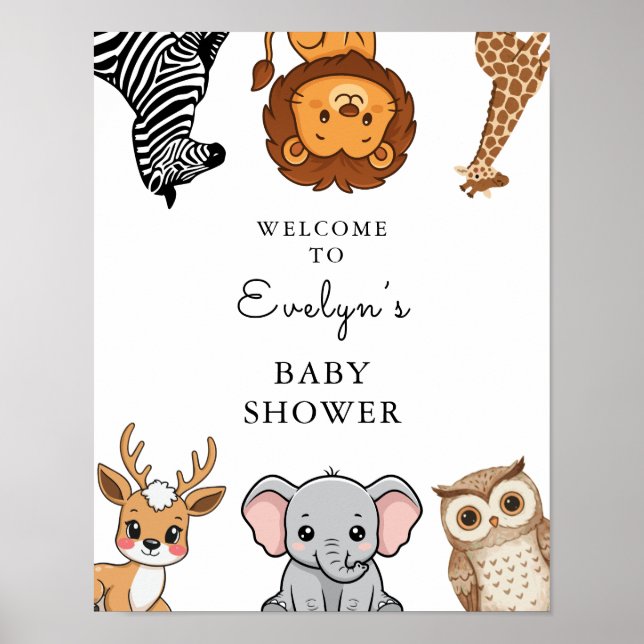 Póster Animales del bosque de madera Baby Shower (Frente)
