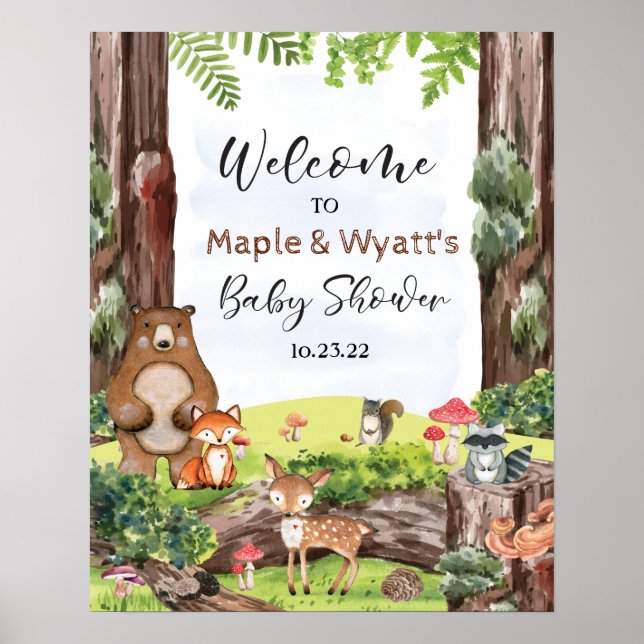 Póster Animales del bosque en letrero de bosque (Frente)