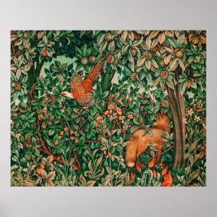 Póster ANIMALES DEL BOSQUE Faisán Zorro Rojo,Floral Verde