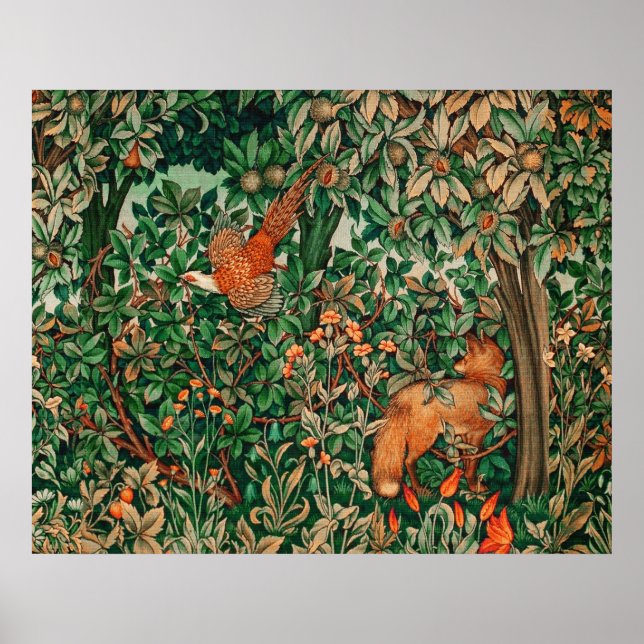 Póster ANIMALES DEL BOSQUE Faisán Zorro Rojo,Floral Verde (Frente)