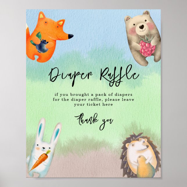 Póster Animales del bosque - Juego de rifa de pañales (Frente)