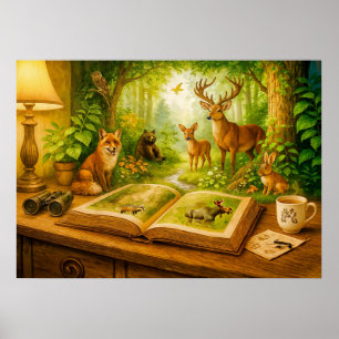 Póster Animales del bosque saliendo de un libro abierto