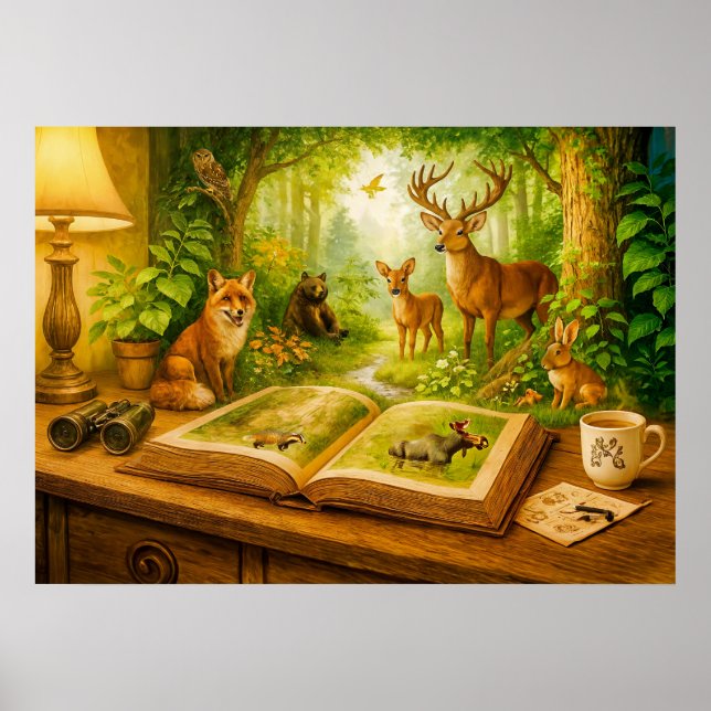 Póster Animales del bosque saliendo de un libro abierto (Frente)