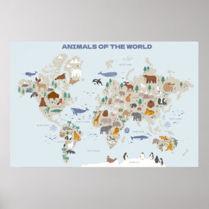 Póster Animales del Mapa Mundial de Guarderías o de Niños