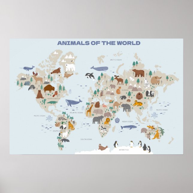 Póster Animales del Mapa Mundial de Guarderías o de Niños (Frente)