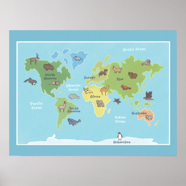 Póster Animales del Poster del Mapa Mundial (Frente)