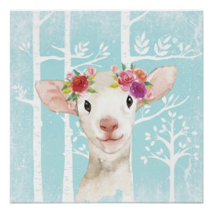 Póster Animales felices con flores en ovejas de bosque az