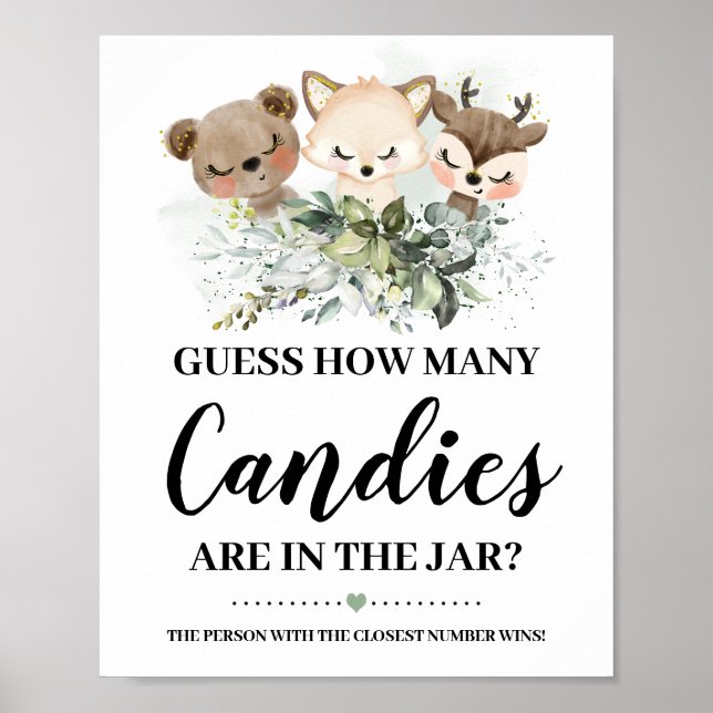 Póster Animales Forestales Cuántos Candies Juego Baby Sho (Frente)