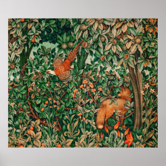 Póster ANIMALES FORESTALES Pheasant Red Fox,Green Floral