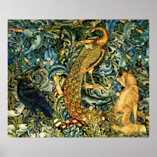 Póster ANIMALES FORESTALES, RAVEN, FOX, PEACOCK Blue Gree