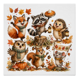 Póster Animales lindos de otoño jugando en el bosque