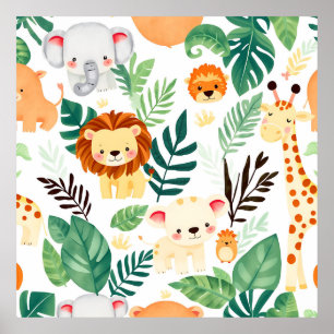 Póster Animales lindos de safari patrón de jungla