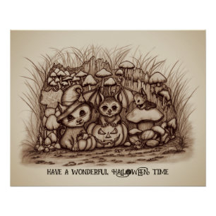 Póster Animales lindos esperando Halloween