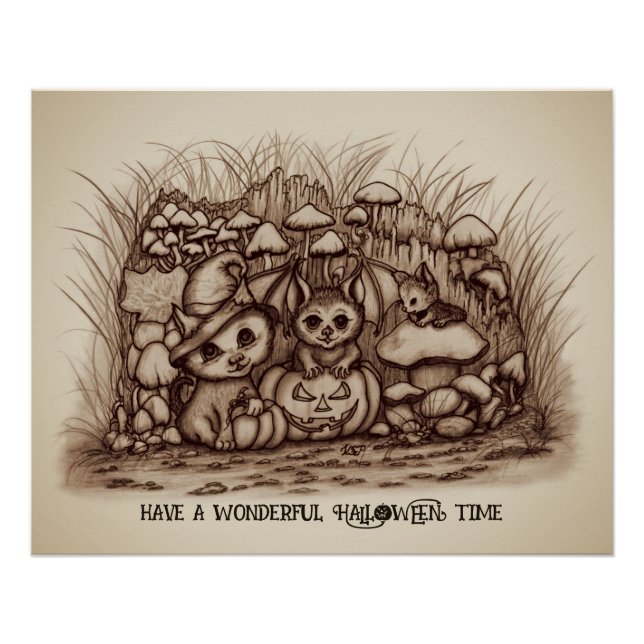 Póster Animales lindos esperando Halloween (Anverso)