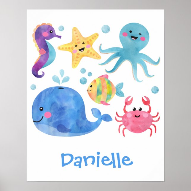 Póster animales marinos, acuarelas, peces, ballenas (Frente)