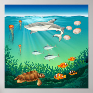 Póster Animales marinos nadando bajo el mar