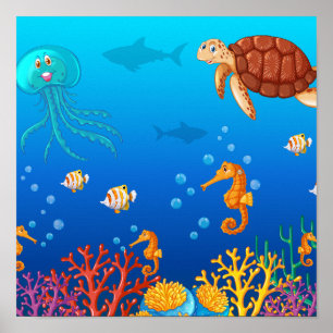 Póster Animales marinos nadando bajo el océano