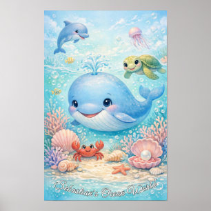 Póster Animales Marinos Pastel Niño Ballena Azul Delfín T