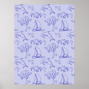 Póster Animales marinos y patrón de dibujo de una línea