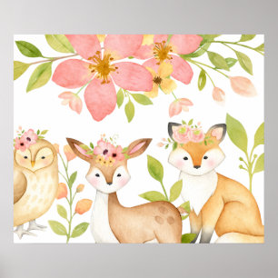 Póster Animales Pink Wild Woodland Botánicos