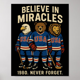 Póster Animales Retro de Hockey sobre Hielo EEUU 1980