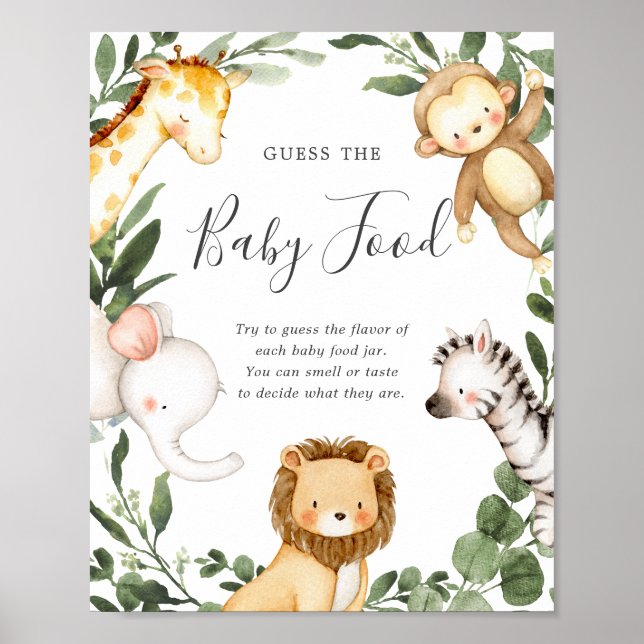 Póster Animales Safari Baby Shower Adivinan La Comida Del (Frente)