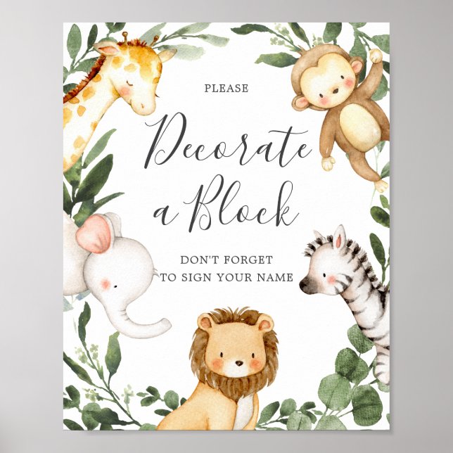 Póster Animales Safari: Baby Shower decora un Rótulo en b (Frente)