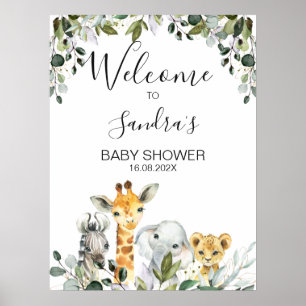 Póster Animales Safari con signo de bienvenida de Baby Sh