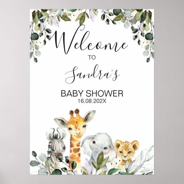 Póster Animales Safari con signo de bienvenida de Baby Sh (Frente)