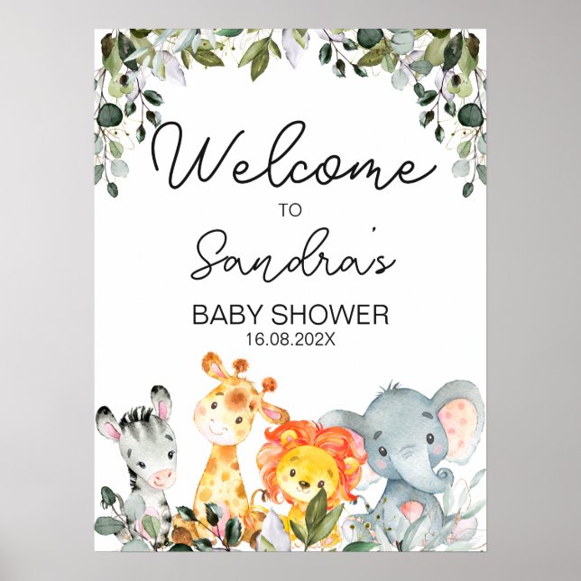 Póster Animales Safari con signo de bienvenida de Baby Sh (Frente)
