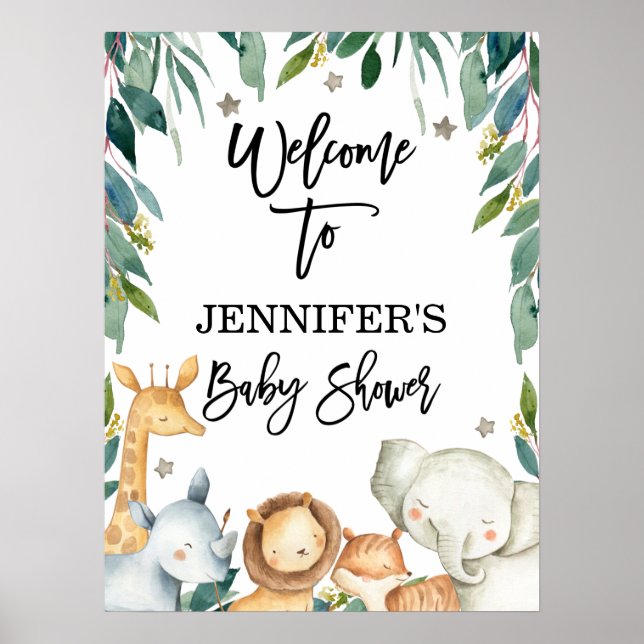 Póster Animales Safari Y Verdor Bienvenidos A Baby Shower (Frente)