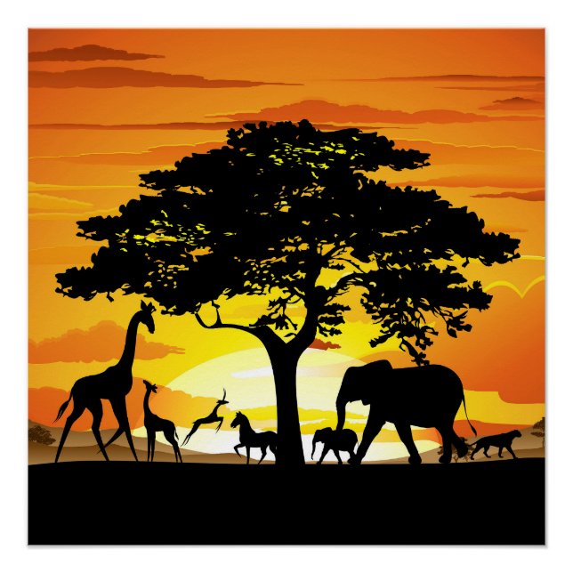 Póster Animales salvajes al atardecer en la sabana africa (Anverso)