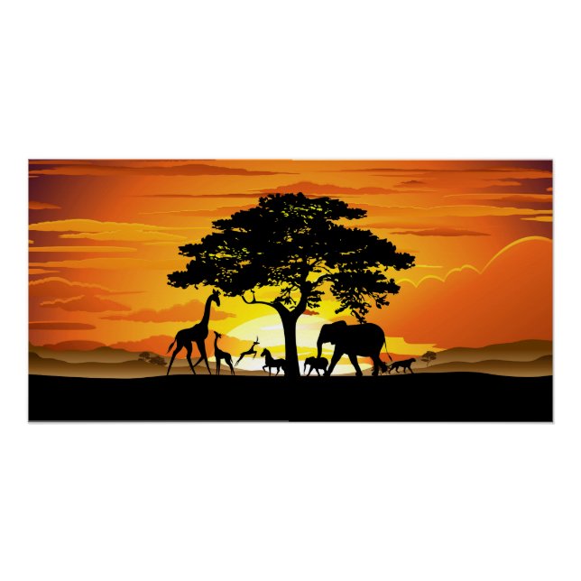 Póster Animales salvajes al atardecer en la sabana africa (Anverso)