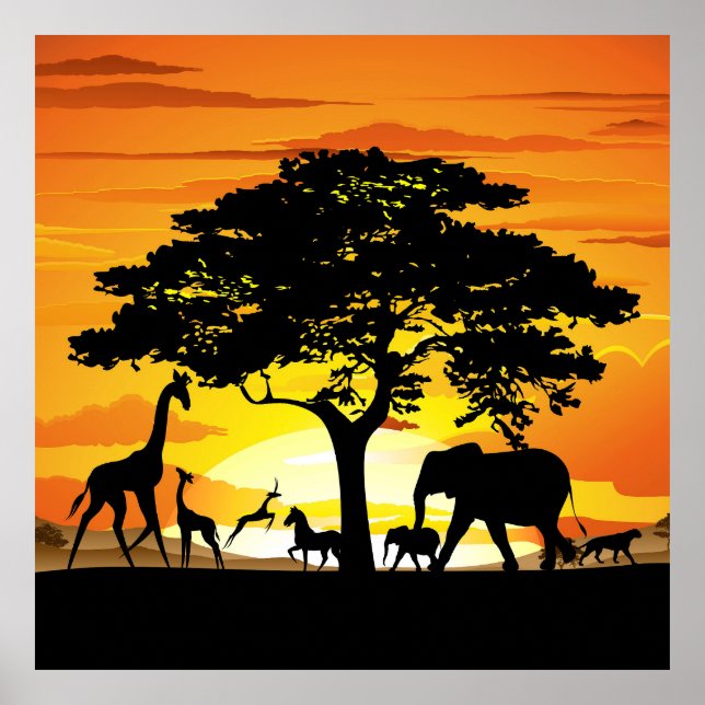 Póster Animales salvajes al atardecer en la sabana africa (Frente)