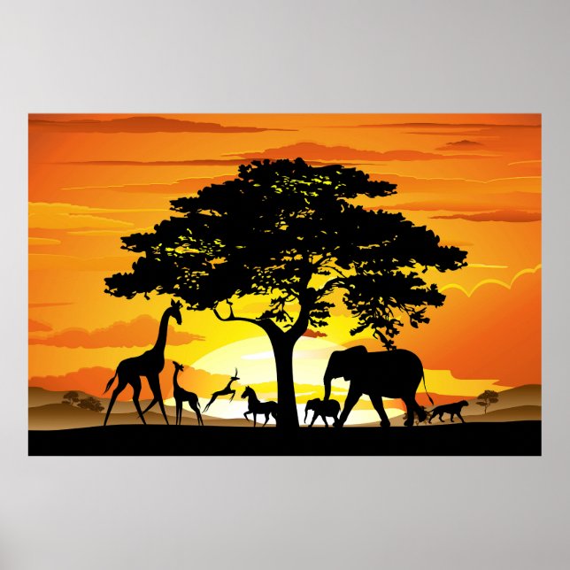 Póster Animales salvajes al atardecer en la sabana africa (Frente)