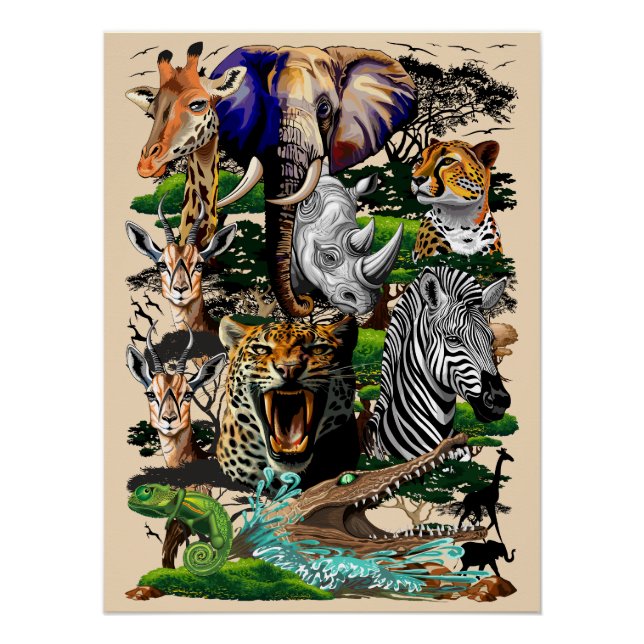 Póster Animales salvajes de sabana africanos (Anverso)