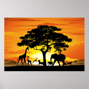 Póster Animales Salvajes en la puesta de sol de la sabana