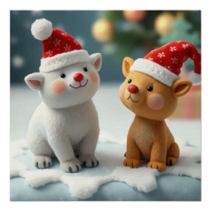 Póster animales sentados frente a un árbol de navidad