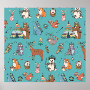 Póster Animales tribales: patrón forestal de bosques.