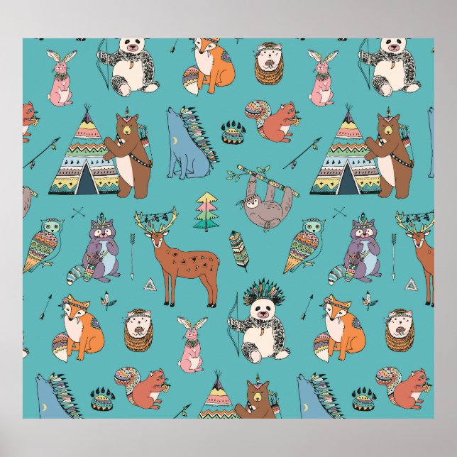 Póster Animales tribales: patrón forestal de bosques. (Frente)