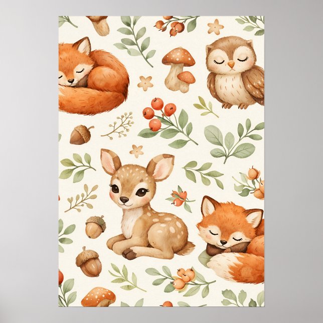 Póster Animales y bayas del bosque patrón adorable (Frente)