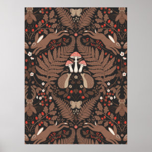 Póster Animales y plantas del bosque en rojo y marrón