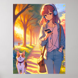 Póster Anime Adolescente escuchando música caminando por