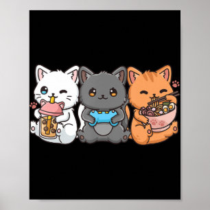 Póster Anime Boba Tea Bubble Tea Gaming Gamer Ramen Cat